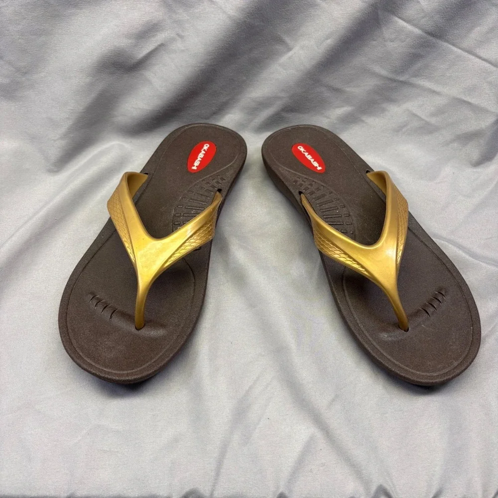 Okabashi Mens Flip Flop Sandals Brown Gold Thong Comfort Beach Shoes Made in USA